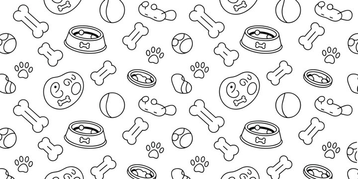 Pet care seamless pattern background vector illustration featuring cute doodle dog bones, food bowls, balls, and paw prints.