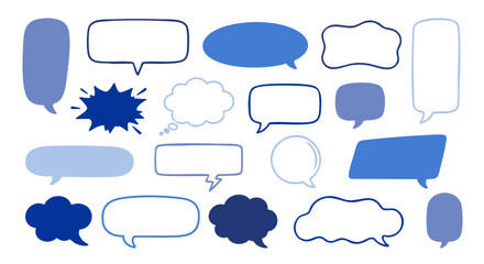 Fototapeta premium Blue speech bubble collection isolated on white background. Hand drawn chat clouds, thought shapes and comic frames for messaging, stickers, social media, posters and template use.