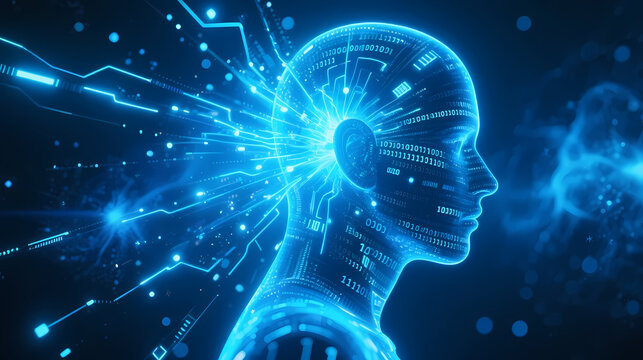 Blue brain silhouette with glowing circuits
