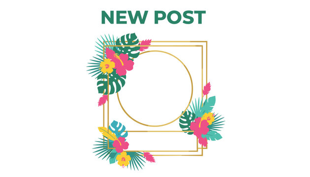 Modern new post social media banner template with elegant gold frames, tropical monstera leaves and pink hibiscus flowers.