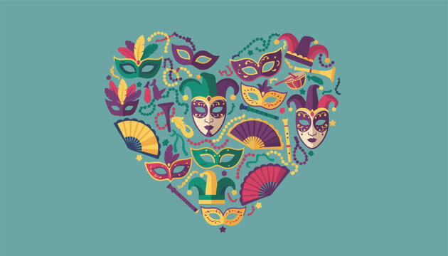 Mardi Gras carnival masks and colorful jester hats forming a heart shape on teal background for venetian festival.