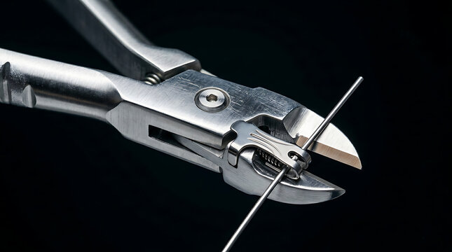 Professional stainless steel orthodontic distal end cutters with safety hold feature cutting a wire for dental braces adjustment in orthodontic treatment close up on black background studio shot.