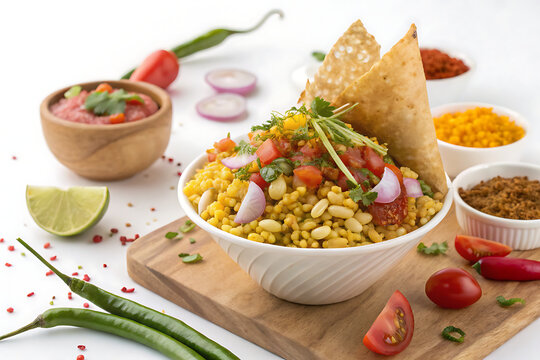 Bhel Puri, popular Indian street food snack, isolated on white background