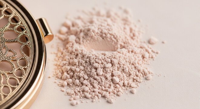 A pile of loose light pink powder product next to an open golden decorative compact case on a neutral background