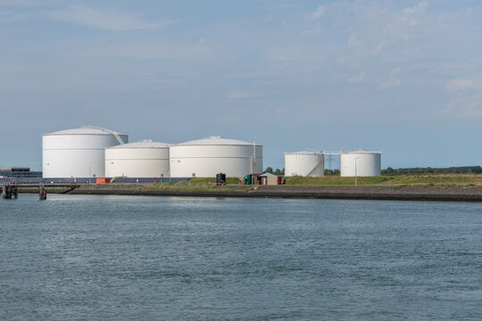 Vlissingen, Netherlands. Industrial storage tanks for petroleum products and biofuels at coastal port facility