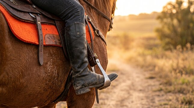 Woman riding horse in sunset. Equestrian wearing riding boot and spur sitting in western saddle.