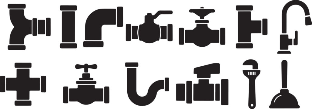 Plumbing Pipe Fittings and Water Supply Components Icon Set Vector Collection
