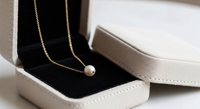 Elegant gold necklace with a single pearl inside an open white velvet gift box