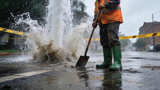 Worker with shovel standing near water main break on city street. Infrastructure damage, urban utility maintenance and emergency situation.