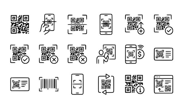 QR code outline icon set with scan and digital payment symbols