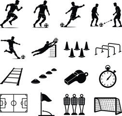 Comprehensive Soccer Training Vector Set: Football Player Silhouettes, Dribbling, Goal Drills, Whistle, Stopwatch, Cones, Hurdles, and Pitch Icons for Sports Coaching and Fitness App Design. © MD FARID