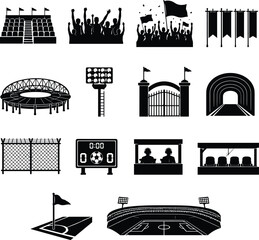Comprehensive Set of Stadium and Sports Event Icons Featuring Football Arena Elements, Cheering Fans, Scoreboard, Floodlights, Seating, and Pitch Details for Athletic Illustrations. © MD FARID