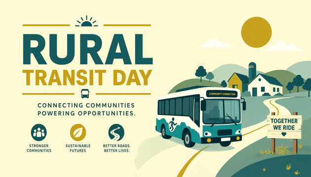 Rural transit day poster with bus on a country road