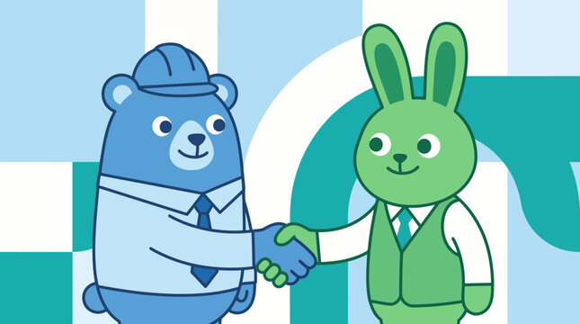 Friendly cartoon bear and rabbit shaking hands.