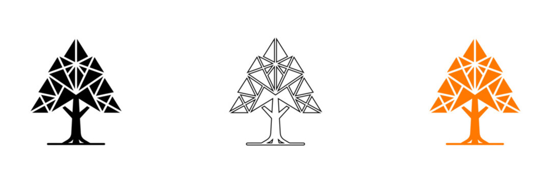 Geometric tree logos in black white and orange