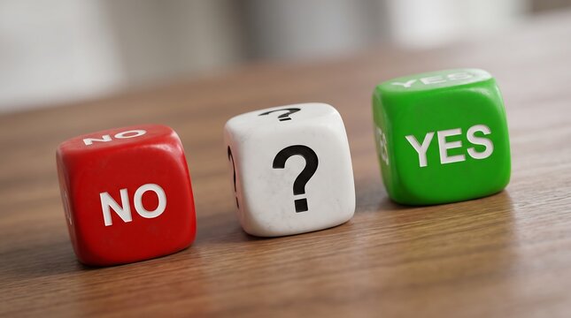Decision making dice with yes no and question mark text, red green and white gambling cubes on wooden table, concept of choice and uncertainty