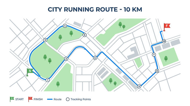 Tracking a 10km urban running route on a city map with streets and green spaces