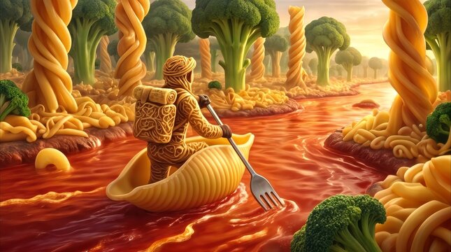Pasta traveler rowing shell-shaped boat through tomato sauce river in surreal food landscape. Creative culinary art concept featuring broccoli trees and noodle pillars.
