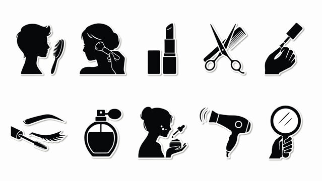 Black silhouettes of beauty and hair salon tools and people  various styling and makeup icons