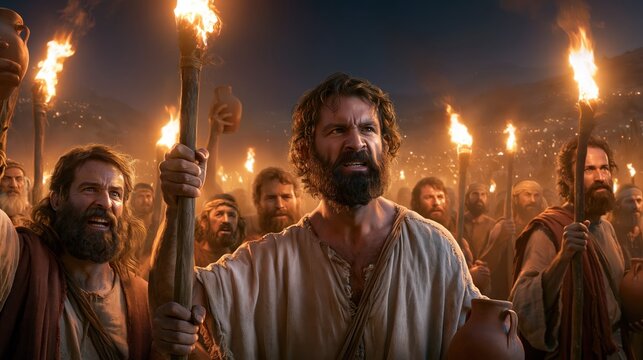Gideon leads his three hundred men with torches and clay jars overlooking the midianite camp before a miraculous victory.