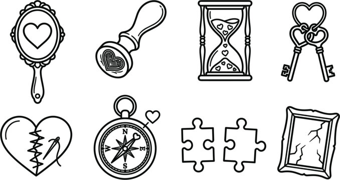 Vintage love and relationship linear icons set with hand mirror stamp hourglass antique keys compass stitching broken heart puzzle frame vector illustration