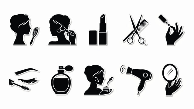 Black silhouettes of beauty and makeup icons on white background