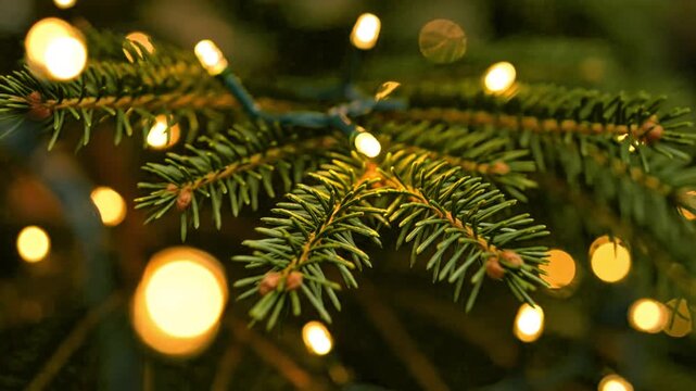 Close up of green fir tree branches decorated with warm glowing fairy lights creating festive holiday bokeh background