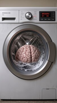 Washing machine cleaning human brain with brainwash cycle setting. Conceptual metaphor for psychological manipulation and cognitive control.