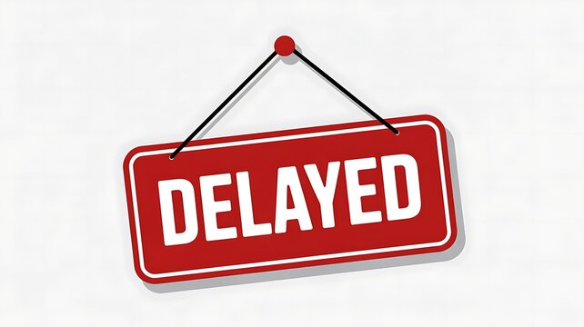 Delayed sign, red notice, white text, travel disruption symbol, flight delay indicator