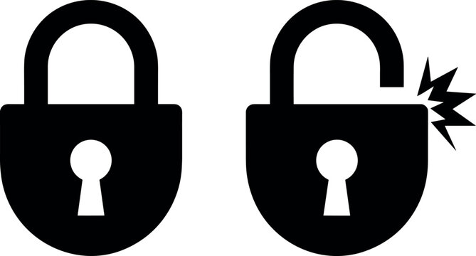 Padlock silhouette vector set featuring a secure locked padlock and an open broken lock with a spark icon for cybersecurity.