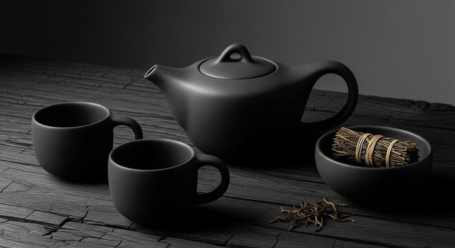 A dark, elegant tea set featuring a matte black ceramic teapot, two small matching cups, and a bowl with tied herbal tea leaves on a rustic dark wooden table