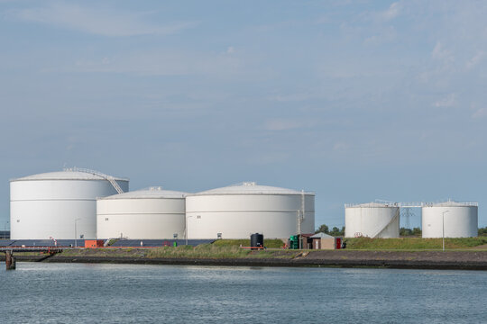 Vlissingen, Netherlands. Large industrial fuel storage tanks for petroleum and biofuels at coastal energy terminal