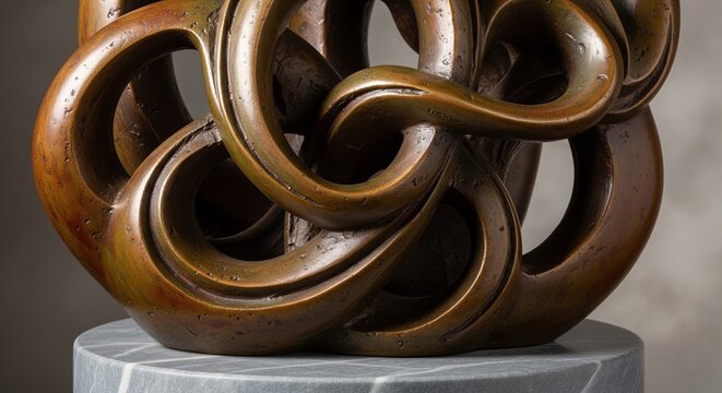 A close-up of a modern bronze abstract sculpture with interlinked loops and knots standing on a grey marble round pedestal