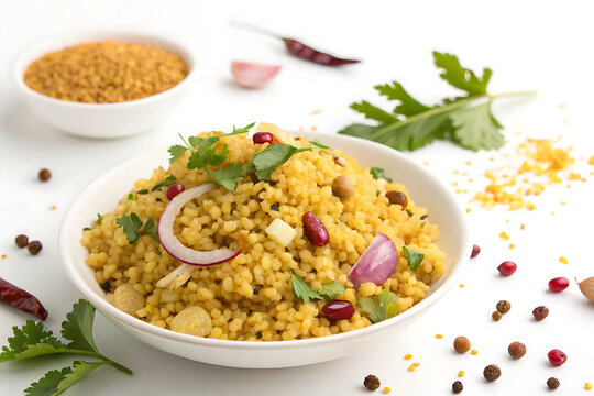 Poha, flattened rice breakfast dish, isolated on white background