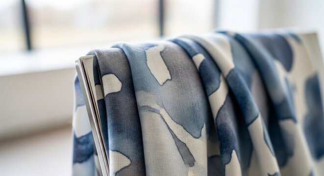 Close-up of a soft, elegant silk fabric scarf with a blue and white watercolor tie-dye pattern draped over a chair back