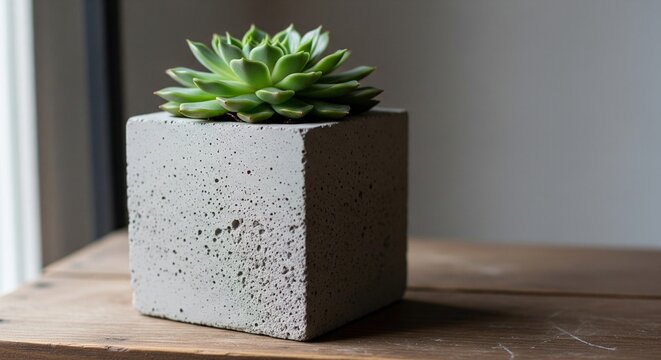 A fresh green succulent plant in a square, cube-shaped concrete pot on a natural wooden table surface near a window