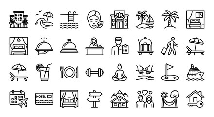 Resort Hotel Editable Stroke Outline Icons Set with Vacation Wellness Tourism Recreation and Hospitality Symbols