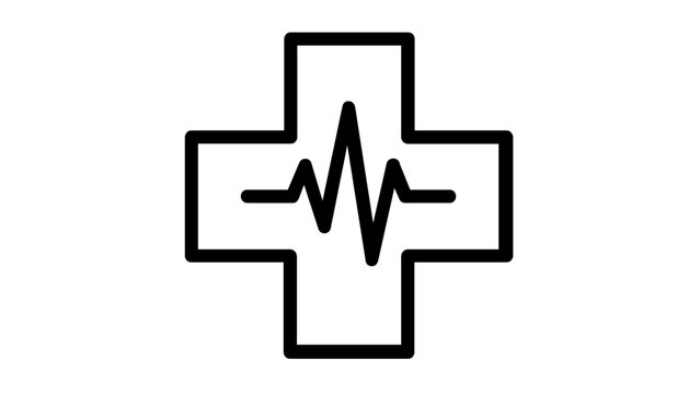 Clean flat vector line icon showing a medical cross marker, useful for hospital maps, triage screens, ambulance services, and emergency direction signs.