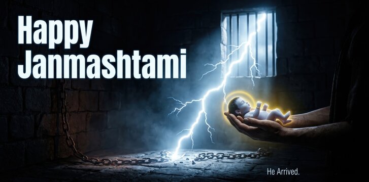 Newborn Lord Krishna in Mathura Prison &ndash; Divine Janmashtami Birth Festival Poster