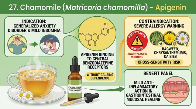 Chamomile herbal medicine information with tea cup and bottle