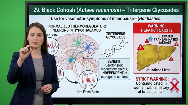 Woman in business attire presenting black cohosh acteae racemosa triterpene glycosides for menopause symptoms on green background