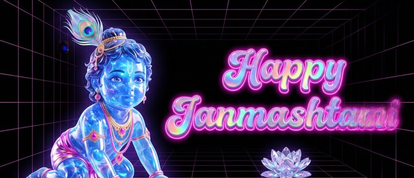 Crystal Baby Krishna Portrait &ndash; Modern Y2K Janmashtami Neon Poster