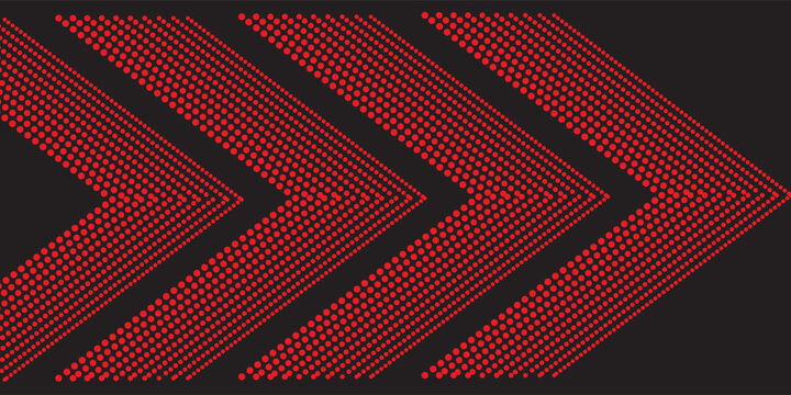 Abstract red halftone arrow pattern on a dark background, forming dynamic diagonal chevrons with a modern digital and tech style.