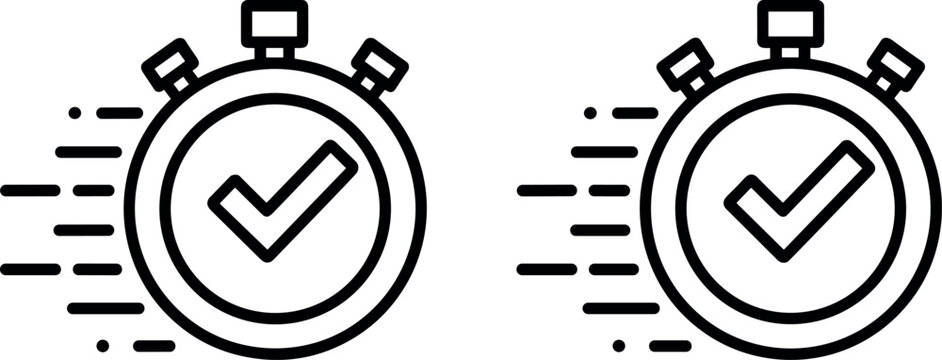 Minimalist black line fast stopwatch icon with checkmark shows efficient task completion success in bright white studio lighting.