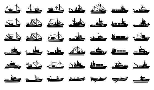 Commercial Sea Vessel Silhouette Vector Icon Collection with Fishing Trawlers Tugboats Cargo Ships and Small Boats for Maritime Transport Logistics and Marine Industry Layouts