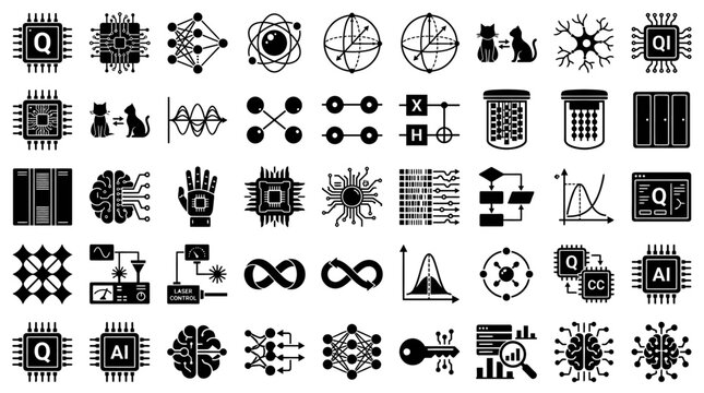 Collection of icons representing artificial intelligence and quantum computing concepts