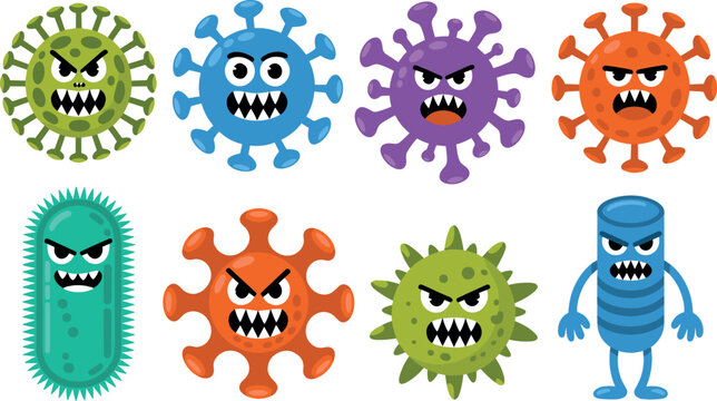 Angry cartoon bacteria and colorful virus characters with sharp teeth and mean expressions in flat light on white background.