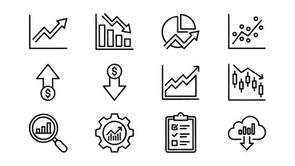 Fototapeta premium Increase And Decrease Business Graph Outline Icon Set Featuring Growth And Decline Trend Symbols In Clean Vector Style.