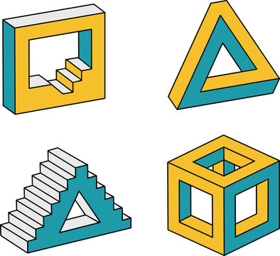 Set of four colorful impossible geometric shapes featuring paradoxical structures with clean lighting on a white background.