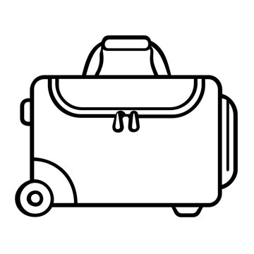 Clean flat vector line icon of a rolling travel suitcase with handle, ideal for airport wayfinding, booking apps, and vacation packing guides.